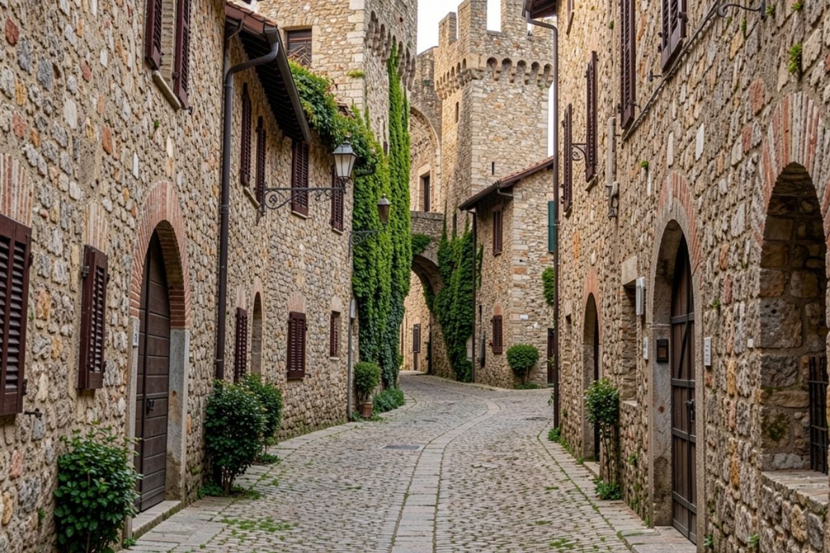 Scorcio del borgo di Gradara, evidenziando le stradine e l'architettura medievale