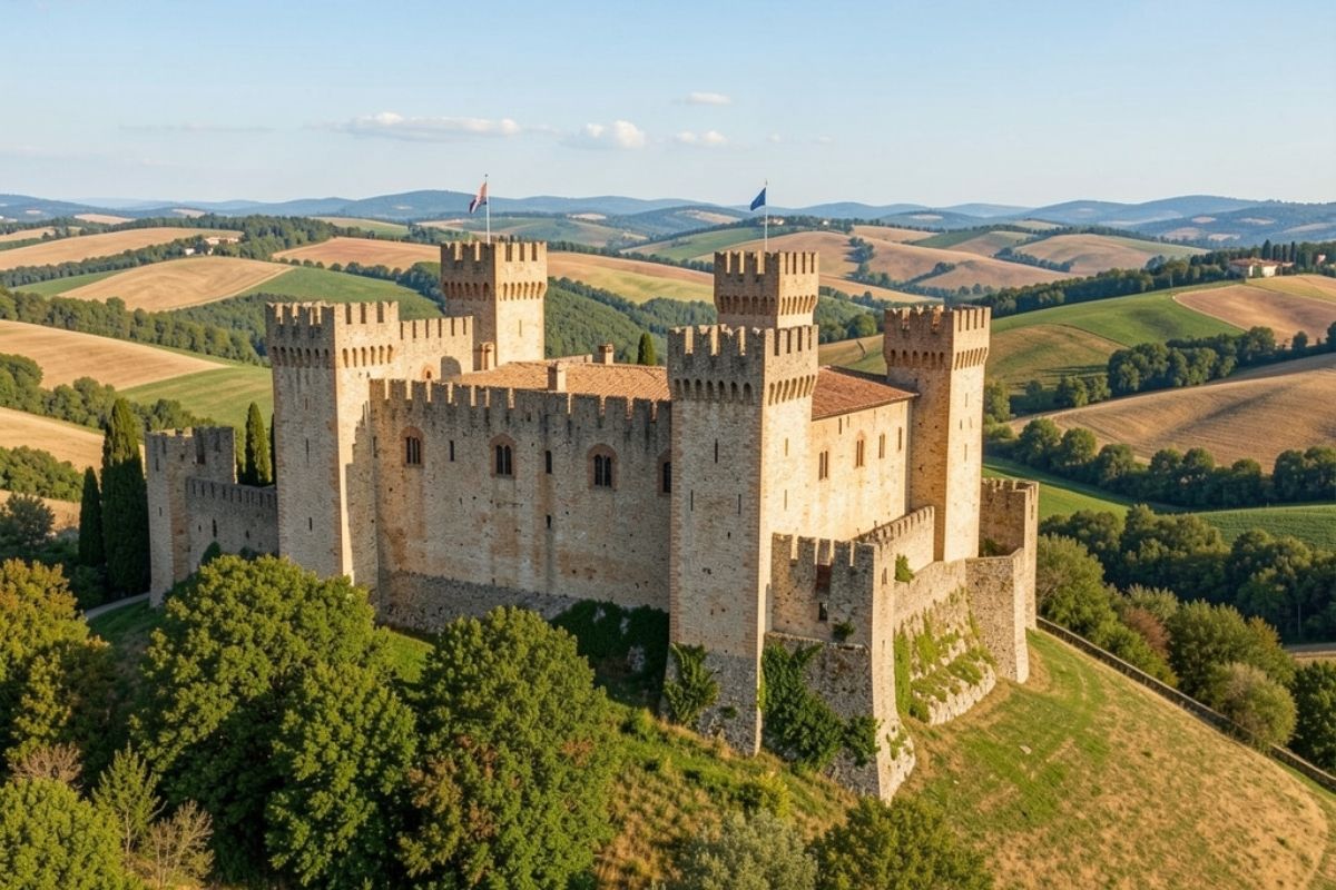 Panorama del castello di Gradara, mostra l'architettura medievale e il paesaggio circostante