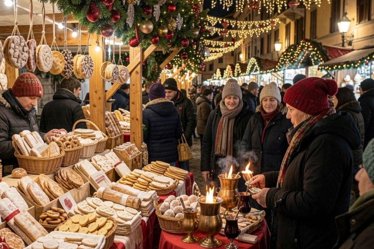 Mercatini di Natale a Fano, con decorazioni festive e bancarelle