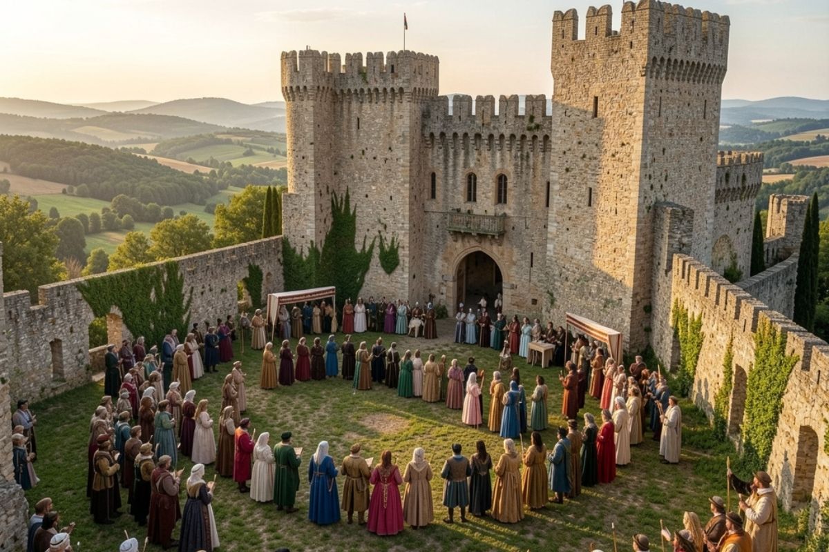 Vista panoramica del Castello di Gradara durante un evento culturale con persone in costume