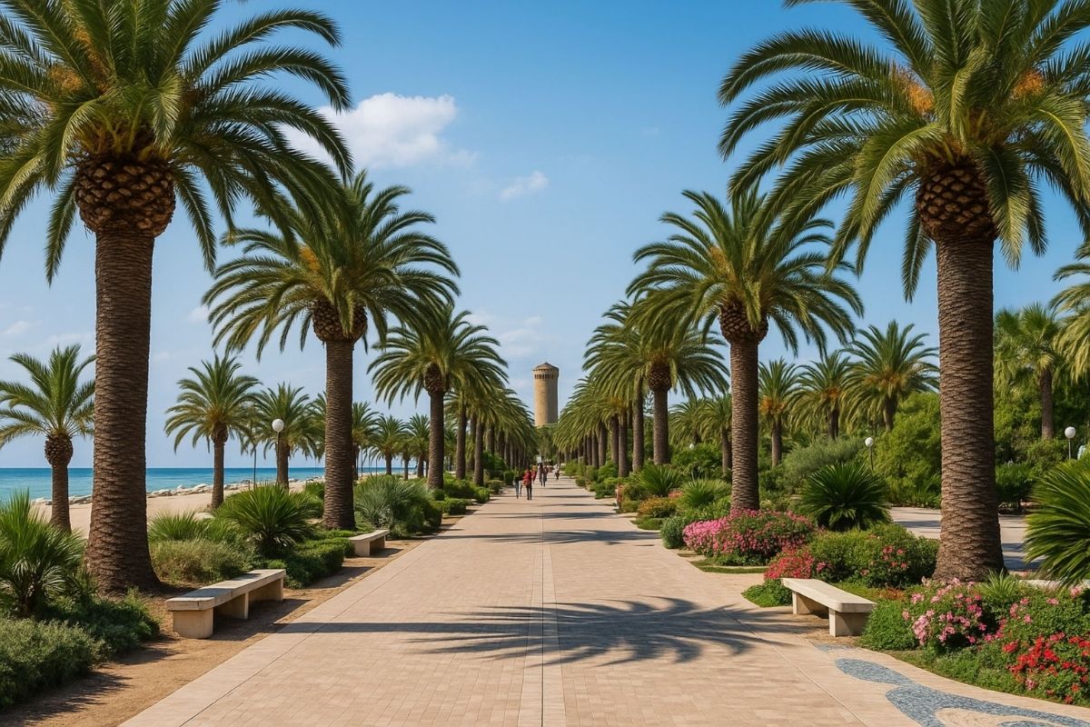 Vista panoramica del lungomare di San Benedetto del Tronto, con spiagge e palme in primo piano