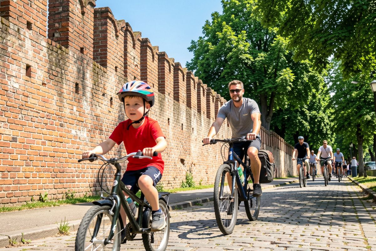 Bambini che giocano in un parco di Urbino, con il Palazzo Ducale sullo sfondo